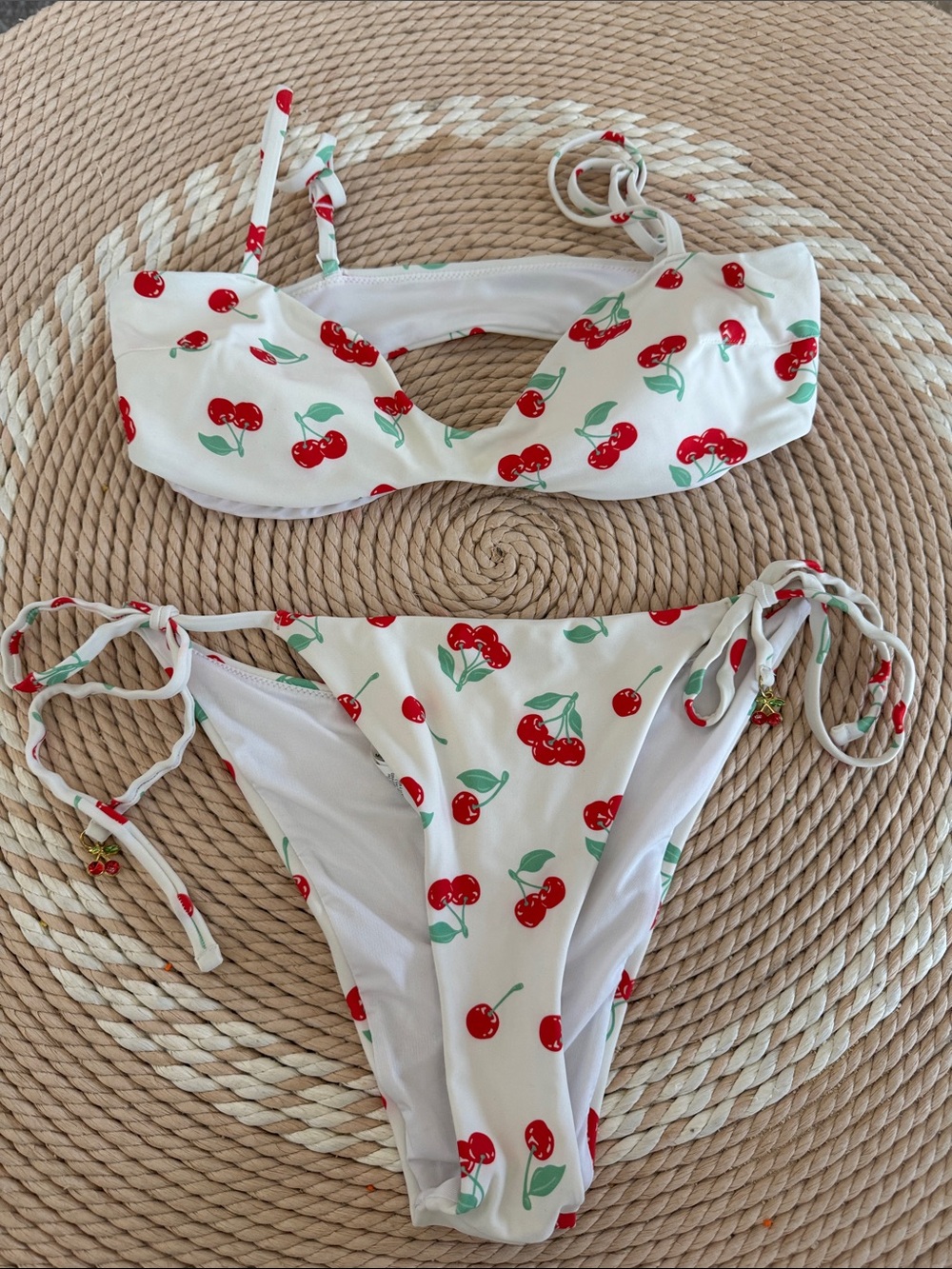 aerie White Bikini with Red Cherry Print and Green Leaves